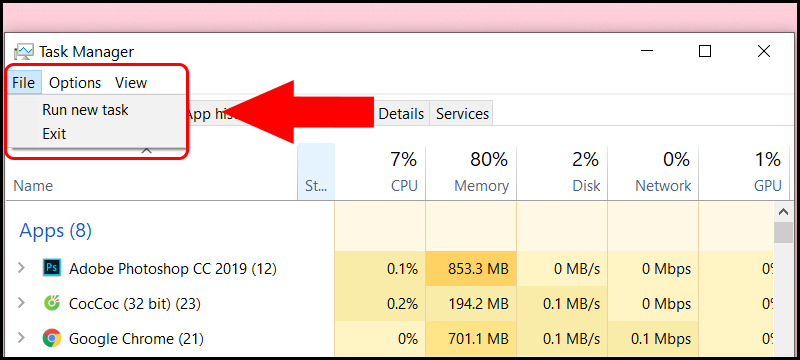 Tùy chọn File trong chế độ xem chi tiết của Task Manager